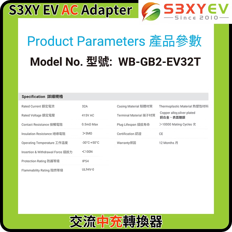 S3XYEV AC Type 2 to GBT溫控交流電轉接器(粵車南下專用) - 暫時缺貨