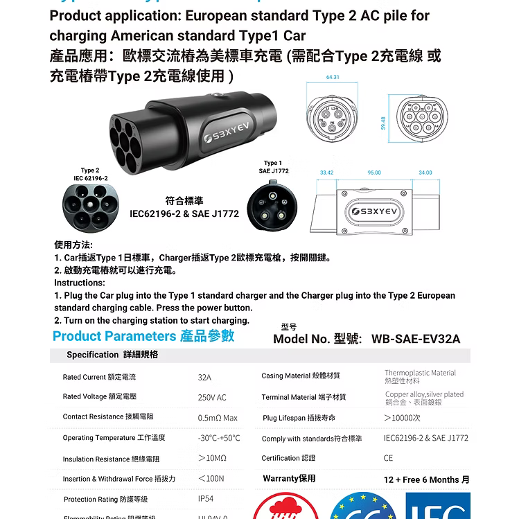 S3XYEV AC Type 2 to Type 1 J1772溫控交流電轉接器(日系車專用)現貨