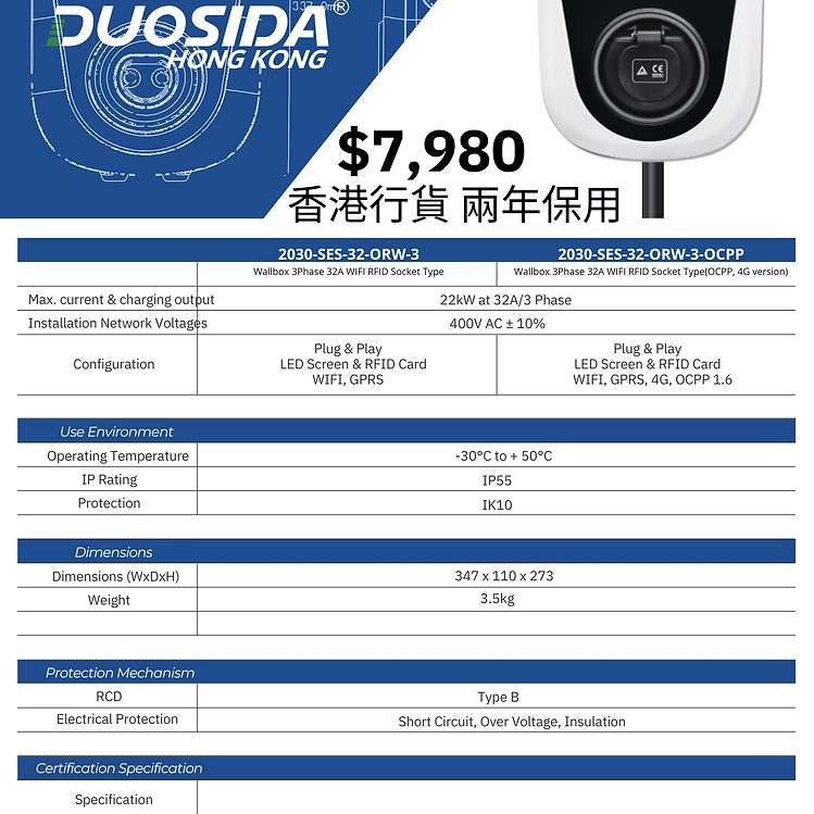Duosida (商用版)三相32A Wall Box 充電器 帶WIFI, RFID Option GPRS/4G OCPP 1.6, 藍牙 插座式