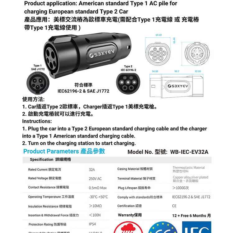 S3XYEV AC Type 1 to Type 2溫控交流電轉接器(Type 1充電樁專用)現貨