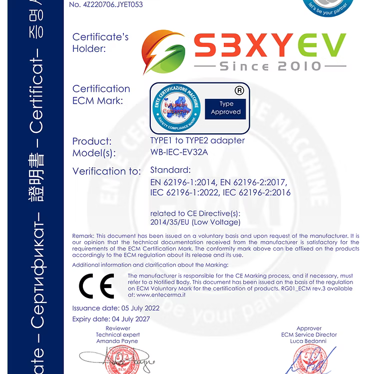 S3XYEV AC Type 1 to Type 2溫控交流電轉接器(Type 1充電樁專用)現貨